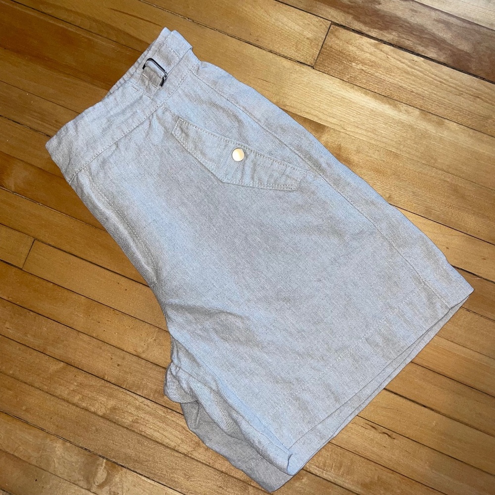 Athleta Voyager Midi Short 100% Linen Elastic Adjustable Waist Utility Beige